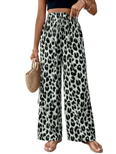 GORGLITTER Hose Damen Weites Bein Elegant Lockere Hosen Leo Print Hose High Waist Damenhose Mit Gummizug Palazzo Freizeithose Lang Strandhose Grau XS GORGLITTER Hose Damen Weites Bein Elegant Lockere Hosen Leo Print Hose High Waist Damenhose Mit Gummizug Palazzo Freizeithose Lang Strandhose Grau XS von GORGLITTER