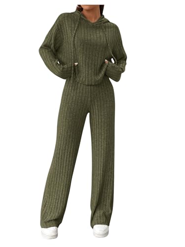 GORGLITTER Hose Und Pullover Set Damen Strick Set Zweiteiler Outfit Langarm Hoodie Und Hose Set Jogginganzug Freizeitanzug Armeegrün L von GORGLITTER