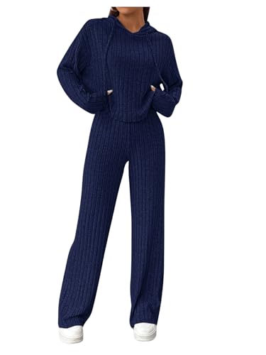 GORGLITTER Hose Und Pullover Set Damen Strick Set Zweiteiler Outfit Langarm Hoodie Und Hose Set Jogginganzug Freizeitanzug Dunkelblau S von GORGLITTER