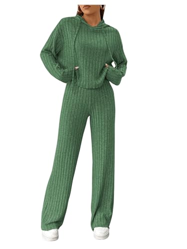GORGLITTER Hose Und Pullover Set Damen Strick Set Zweiteiler Outfit Langarm Hoodie Und Hose Set Jogginganzug Freizeitanzug Grün L von GORGLITTER