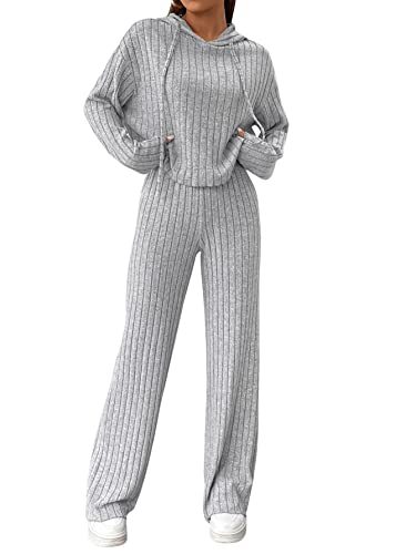 GORGLITTER Hose Und Pullover Set Damen Strick Set Zweiteiler Outfit Langarm Hoodie Und Hose Set Jogginganzug Freizeitanzug Hellgrau XXS GORGLITTER Hose Und Pullover Set Damen Strick Set Zweiteiler Outfit Langarm Hoodie Und Hose Set Jogginganzug Freizeitanzug Hellgrau XXS von GORGLITTER