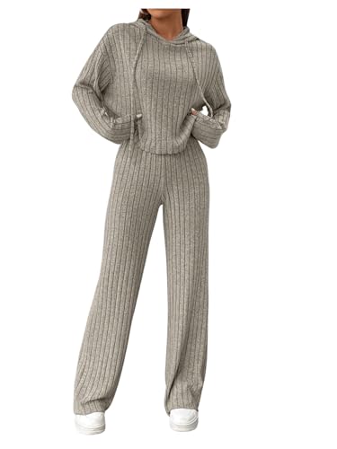 GORGLITTER Hose Und Pullover Set Damen Strick Set Zweiteiler Outfit Langarm Hoodie Und Hose Set Jogginganzug Freizeitanzug Khaki XXS von GORGLITTER