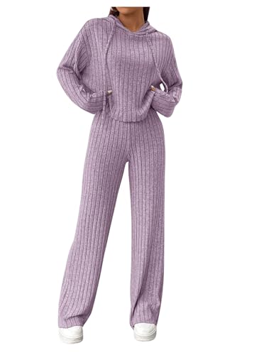 GORGLITTER Hose Und Pullover Set Damen Strick Set Zweiteiler Outfit Langarm Hoodie Und Hose Set Jogginganzug Freizeitanzug Violett M von GORGLITTER