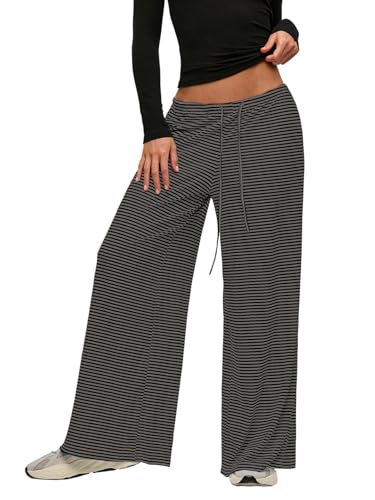 GORGLITTER Hosen Damen Bodenlange Freizeithose mit Tunnelzug Wide Bein Stoffhose Gestreift Langhose Herbsthose Lässig Casual Outfit Schwarz L von GORGLITTER