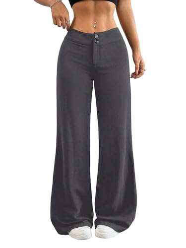 GORGLITTER Hosen Damen Elegant Geradehose Low Waist Freizeithose mit Reißverschluss Strechy Casualhose Breite Bein Palazzo Pants Grau L von GORGLITTER