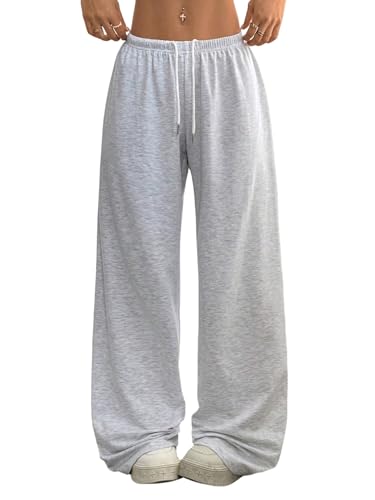 GORGLITTER Hosen Damen Lässig Sweathose mit Tunnelzug Hohe Elastischer Bund Freizeithose Breite Bein Hose Palazzo Pants Herbst Outfit Hellgrau M von GORGLITTER