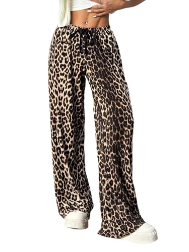 GORGLITTER Hosen Damen Leo Print Freizeithose groß Größen Geradehose Hohe Taille Sweathose Casualhose Übergroß Stoffhose mit Tunnelzug Khaki 4XL von GORGLITTER
