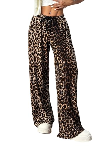 GORGLITTER Hosen Damen Leo Print Freizeithose groß Größen Geradehose Hohe Taille Sweathose Casualhose Übergroß Stoffhose mit Tunnelzug Leoparden 2XL von GORGLITTER