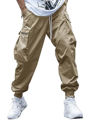 GORGLITTER Hosen Herren Cargohose Cargo Hose Sport Pants Männer Workout Outfitwear mit Tunelzug und Seitetaschen Sweathose Khaki L von GORGLITTER