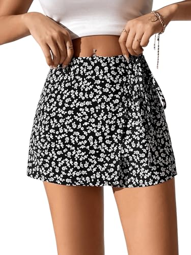 GORGLITTER Hosenrock Damen Kurz Sommer Rock Mit Hose Drunter Minirock Wickelrock Blumenrock Sommerrock Boho Skort Freizeitrock Schwarz M von GORGLITTER