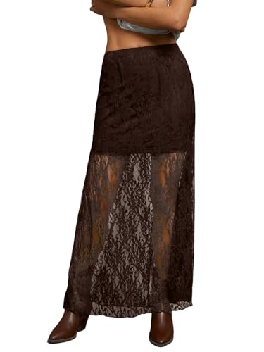 GORGLITTER Hosenrock Damen Lang Elegant Spitzenrock Sommer Rock Mit Hose Drunter Festival Outfit Maxirock Langer Rock Mit Spitze Partyrock Kaffeebraun M von GORGLITTER