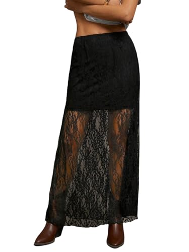 GORGLITTER Hosenrock Damen Lang Elegant Spitzenrock Sommer Rock Mit Hose Drunter Festival Outfit Maxirock Langer Rock Mit Spitze Partyrock Schwarz XL von GORGLITTER