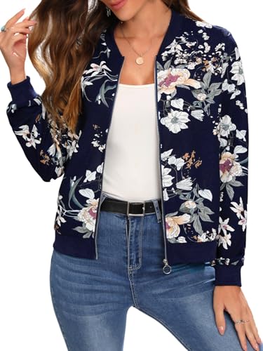 GORGLITTER Jacke Damen Elegant Bomberjacke Langarm Damenjacke mit Blumen Muster Rundhals Freizeitjacke mit Reißverschluss Casualjacke Dunkelblau XXL von GORGLITTER