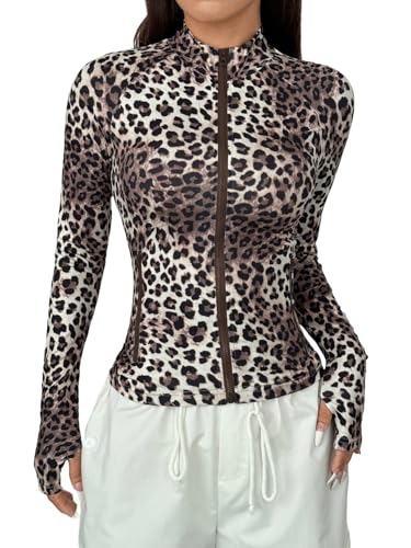 GORGLITTER Jacke Damen Elegant Jacke Leo Print Freizeitjacke mit Taschen Langarm Damenjacke Figurbetonter Sportjacke mit Reißverschluss Leopardenparden XS von GORGLITTER
