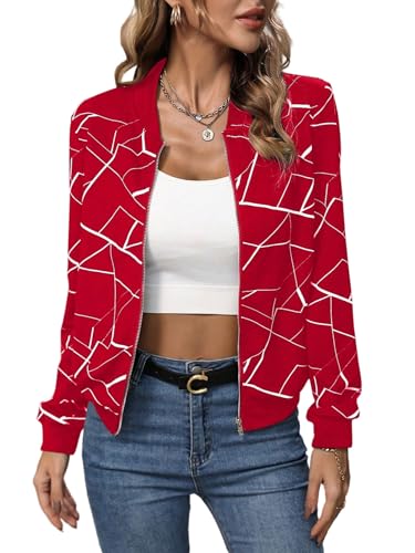 GORGLITTER Jacke Langarm Damen Bomberjacke Casualjacke Zip Up Jacken Leicht Outwear Freizeitjacke Herbstjacke mit Geo Muster Rot XL von GORGLITTER
