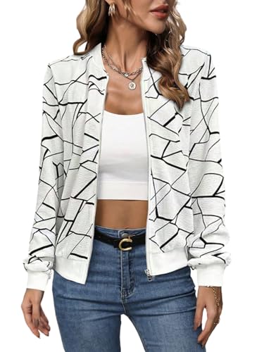 GORGLITTER Jacke Langarm Damen Bomberjacke Casualjacke Zip Up Jacken Leicht Outwear Freizeitjacke Herbstjacke mit Geo Muster Weiß L von GORGLITTER