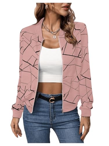 GORGLITTER Jacke Langarm Damen Bomberjacke Herbst Casualjacke Zip Up Jacken Leicht Herbstjacke Freizeitjacke mit Geo Muster Rosa L von GORGLITTER