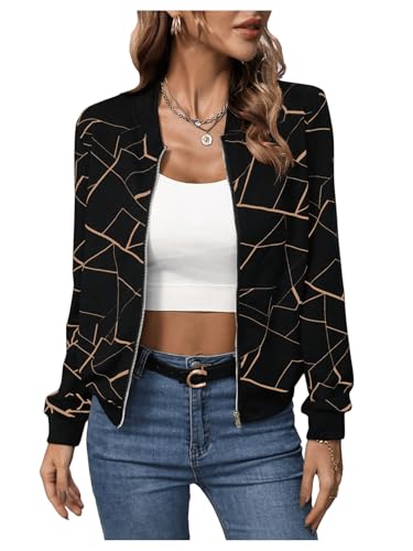 GORGLITTER Jacke Langarm Damen Bomberjacke Herbst Casualjacke Zip Up Jacken Leicht Herbstjacke Freizeitjacke mit Geo Muster Schwarz Multi XL von GORGLITTER