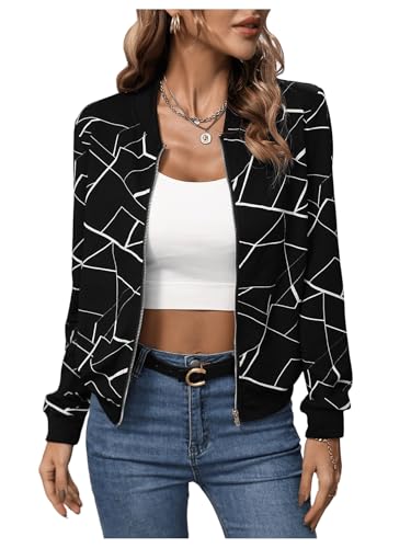 GORGLITTER Jacke Langarm Damen Bomberjacke Herbst Casualjacke Zip Up Jacken Leicht Herbstjacke Freizeitjacke mit Geo Muster Schwarz XL von GORGLITTER
