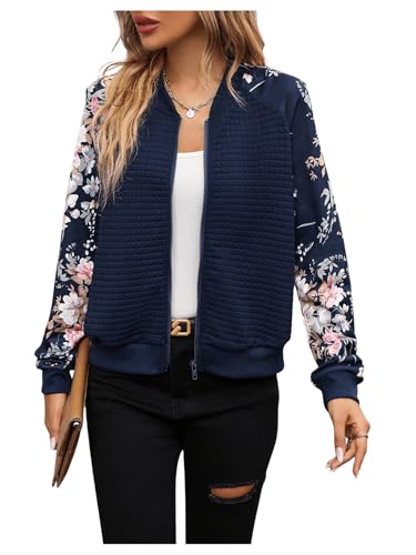 GORGLITTER Damen Bomberjacke Winter Jacke Mit Reißverschluss Strickjacke Blouson Jacke Leichte Fliegerjacke Übergangsjacke Dunkelblau S von GORGLITTER