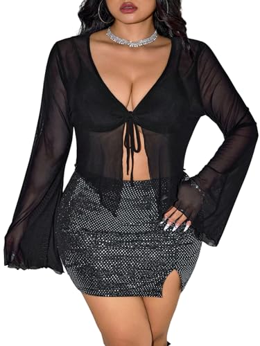 GORGLITTER Jäckchen Damen Curvy Cardigan Transparent Bluse mit Shnürung Große Größen Langarm Tshirt aus Mesh Crop Top Schwarz 2XL von GORGLITTER