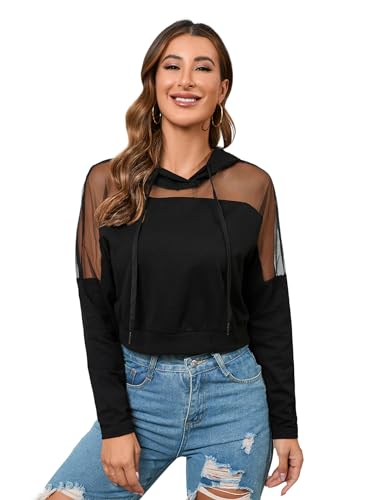 GORGLITTER Kapuzen Pullover Damen Kapuzensweatshirt mit Mesh Y2K Crop Hoodie Sweatshirt Herbst Outfit Langarmshirt Schwarz XS von GORGLITTER