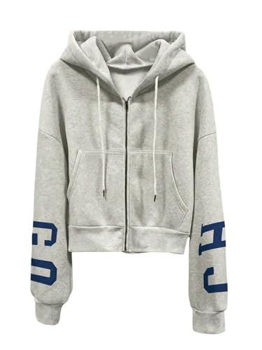 GORGLITTER Kapuzenpullover Damen Kapuzenjacke Langarm Hoodie mit Reißverschluss Sweatjacke mit Buchstaben Kapuze Mantel Herbst Outfit Hellgrau L von GORGLITTER