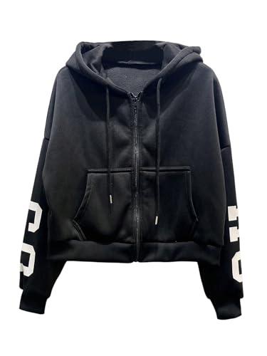 GORGLITTER Kapuzenpullover Damen Kapuzenjacke Langarm Hoodie mit Reißverschluss Sweatjacke mit Buchstaben Kapuze Mantel Herbst Outfit Schwarz L von GORGLITTER