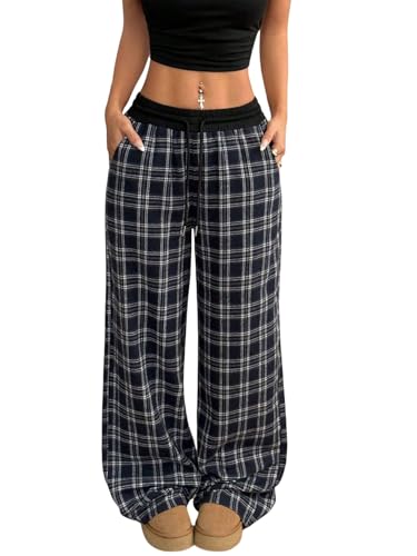 GORGLITTER Karierte Hose Damen Elegant Breites Bein Freizeithose High Waist Hosen Weit Hose mit Kordel Stoffhose mit Gummizug Y2k Schwarz S von GORGLITTER