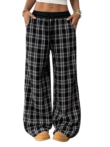 GORGLITTER Karierte Hose Damen Elegant Breites Bein Freizeithose High Waist Hosen Weit Hose mit Kordel Stoffhose mit Gummizug Y2k Schwarz und Weiß XXL von GORGLITTER