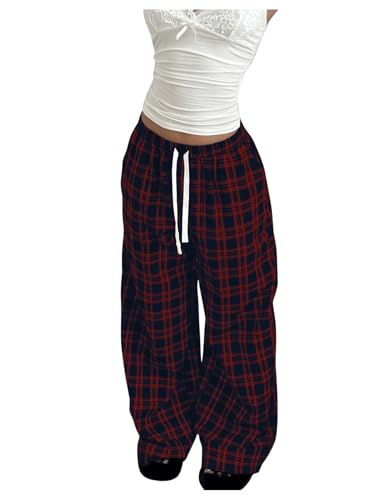 GORGLITTER Karierte Hose Damen Elegant Weit Hose Mit Kordel Haushose Stretch Freizeithose Mit Taschen Lang Breites Bein Hose Pyjama Hose Rot L von GORGLITTER