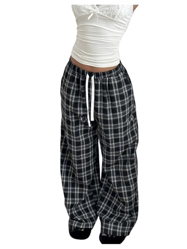 GORGLITTER Karierte Hose Damen Elegant Weit Hose Mit Kordel Haushose Stretch Freizeithose Mit Taschen Lang Breites Bein Hose Pyjama Hose Schwarz und Weiß L von GORGLITTER