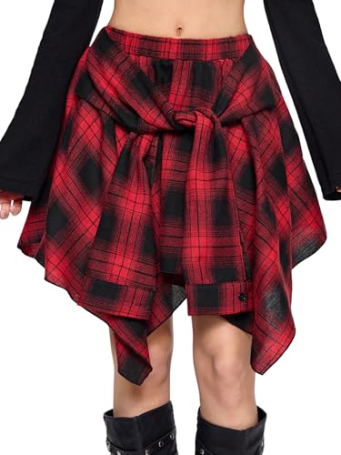 GORGLITTER Karierter Rock Damen Kurz Minirock Y2k Skater Rock Asymmetrische Steampunk Röcke Western Outfit Sommerrock Mit Gummizug Rot XL von GORGLITTER