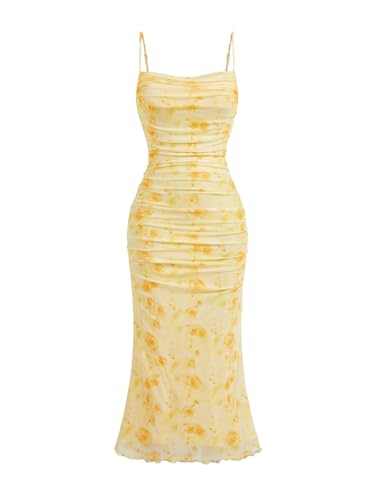 GORGLITTER Kleid Elegant Damen Ärmelloses Midikleid Blumemuster Sommerkleider Bodycon Spaghettiträger Hocherzeitkleid Partykleid Trägerkleid Blumenkleid Camisole Gelb L von GORGLITTER