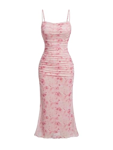 GORGLITTER Kleid Elegant Damen Ärmelloses Midikleid Blumemuster Sommerkleider Bodycon Spaghettiträger Hocherzeitkleid Partykleid Trägerkleid Blumenkleid Camisole Rosa M von GORGLITTER