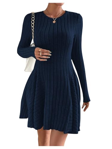 GORGLITTER Kleid Langarm Damen Strickkleid A-Linie Pulloverkleid Langarm Winterkleid Freizeitkleid Kurz Kleider Rundhals Dunkelblau S von GORGLITTER