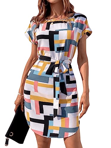 GORGLITTER Kleid Mit Gürtel Damen Elegant Tunika Kleid Sommer Kurzarm Kleid Mit Federn Muster Freizeitkleid Midi Kleid Mit Hoher Taille Schwarz Weiß und Rosa M von GORGLITTER