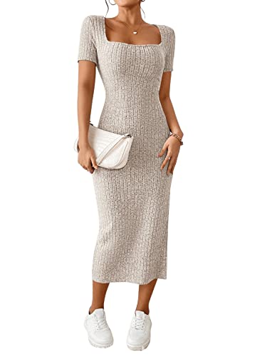 GORGLITTER Tshirt Kleid Damen Lang Kleid Mit Schlitz Elegant Sommerkleid Bodycon Kleider Party Kleider Maxikleid Strickkleid Aprikosenfarben XS von GORGLITTER