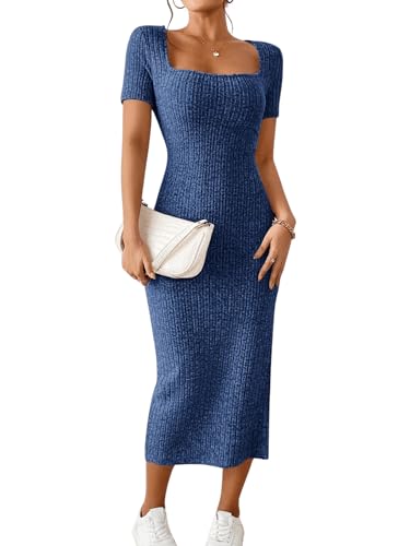 GORGLITTER Tshirt Kleid Damen Lang Kleid Mit Schlitz Elegant Sommerkleid Bodycon Kleider Party Kleider Maxikleid Strickkleid Blau M von GORGLITTER