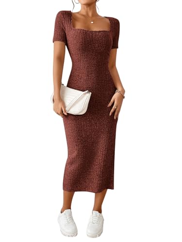 GORGLITTER Tshirt Kleid Damen Lang Kleid Mit Schlitz Elegant Sommerkleid Bodycon Kleider Party Kleider Maxikleid Strickkleid Rostbraun XS von GORGLITTER