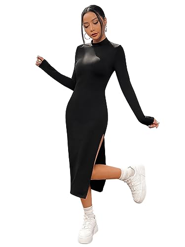 GORGLITTER Kleider Damen Figurbetont Midikleid Freizeitkleid mit Schlitz Stehkragen Herbst Langarm Casualkleid Schwarz S von GORGLITTER