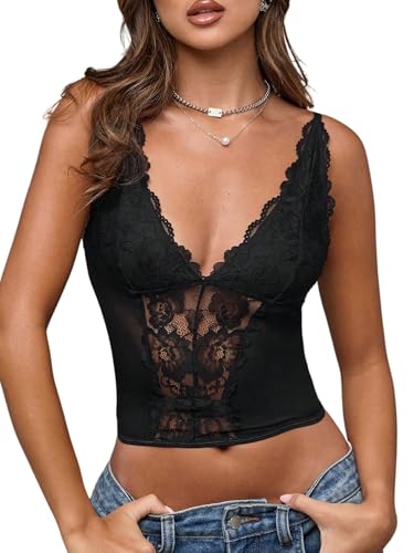 GORGLITTER Korsett Top Damen Elegant Spitzen Oberteile Mit V Ausschnitt Bustier Tanktops Ärmellose Sommertops Spitzentop Spaghetti Tops Trägertop Schwarz XS von GORGLITTER