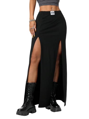 GORGLITTER Lang Rock Damen Sommer Maxi Rock Casualrock mit Schlitz Hohe Taille Freizeitrock Party Röcke Sommerrock Festival Outfit Schwarz S von GORGLITTER