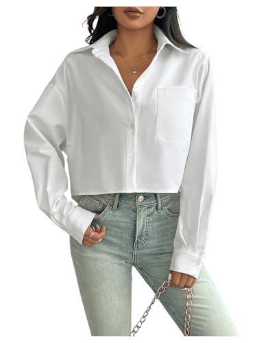 GORGLITTER Langarm Bluse Damen Elegant Bluse Mit Taschen Blusenshirt Mit Kragen Crop Oberteil Langarmshirt Herbst Winter Outfit Weiß XL von GORGLITTER