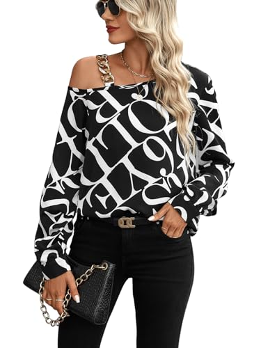 GORGLITTER Langarm Bluse Damen Elegant Tunika Bluse Herbst Hemdbluse Oberteil Mit Ketten Schulterfreie Tops Schwarz XS von GORGLITTER