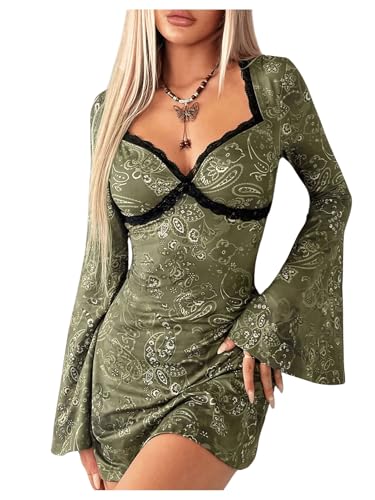 GORGLITTER Langarm Kleid Damen Elegant Kurz Kleid Mit Spitze Sexy Kleid A Linie Kleid Mit Ausgestellten Ärmeln Boho Kleid Minikleid Grün M von GORGLITTER