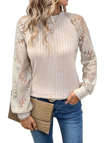 GORGLITTER Langarm Shirt Damen Elegant Oberteile mit Spitzen Langarm Tshirt Bluse mit Laternenärmeln Rundhals Strickpullover Herbst T-Shirts Aprikosenfarben M von GORGLITTER
