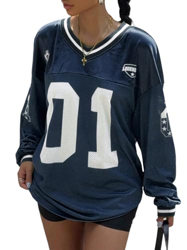 GORGLITTER Langarm Shirt Damen Y2K Langarmshirt Oversized Oberteile V-Ausschnitt Jersey T-Shirt mit Buchstaben Locker Casualshirt Freizeitshirt Dunkelblau M von GORGLITTER