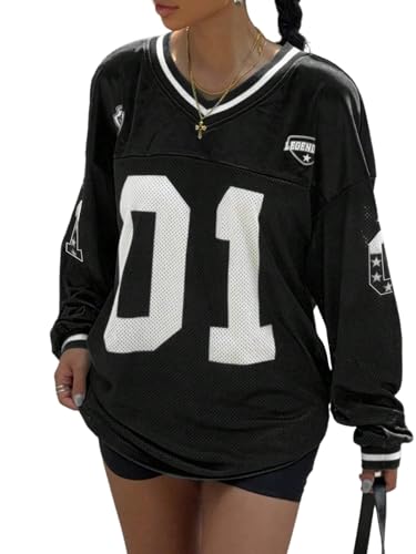 GORGLITTER Langarm Shirt Damen Y2K Langarmshirt Oversized Oberteile V-Ausschnitt Jersey T-Shirt mit Buchstaben Locker Casualshirt Freizeitshirt Schwarz M von GORGLITTER