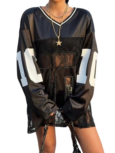 GORGLITTER Langarm Shirts Damen Elegant Langarmshirt mit V-Ausschnitt Oversized Tshirt mit Spitze Durchsichtig Shirt Jersey Oberteile Mit Buchstaben Schwarz M von GORGLITTER